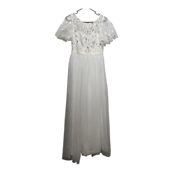 Women's White Sequin A-Line Evening Gown – Short Sleeve, Formal Long Dress, M(6) - Picture 6 of 15